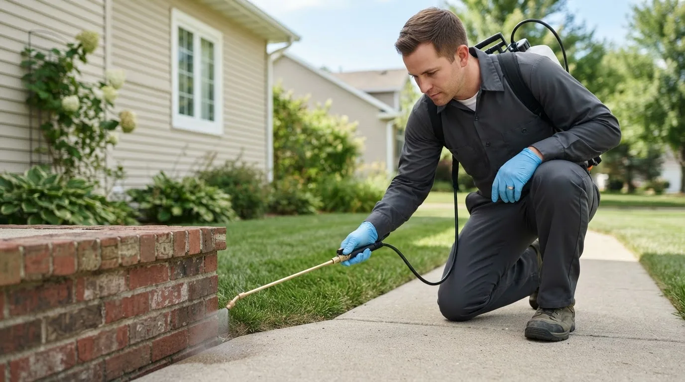 Pest control technician treating a home near Carleton, MI