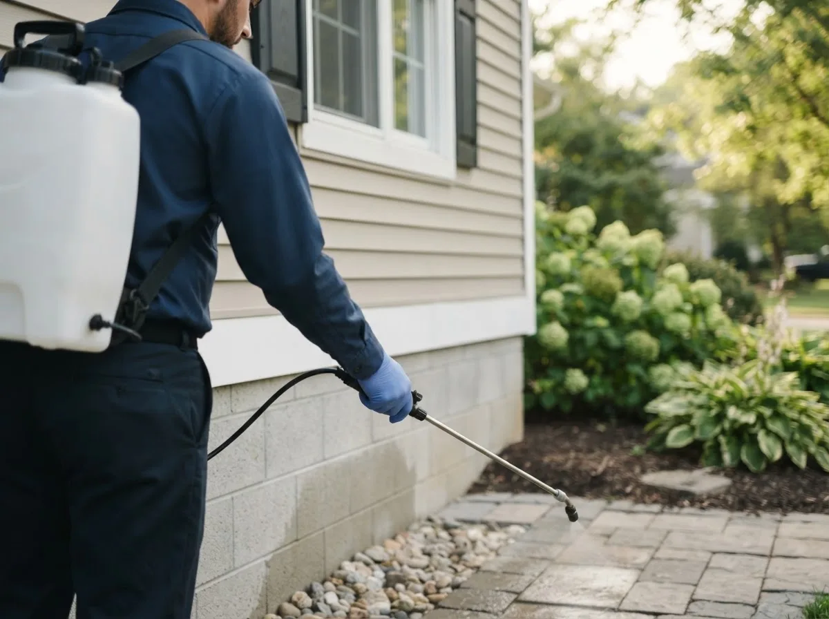 Pest control technician inspecting a home in Carleton, MI